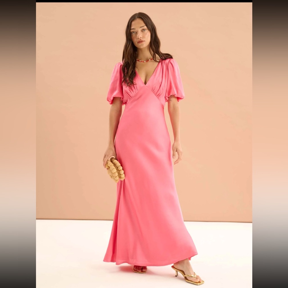 Omnes Rosie Ruched Puff Sleeve Dress in Hot Pink, size 12